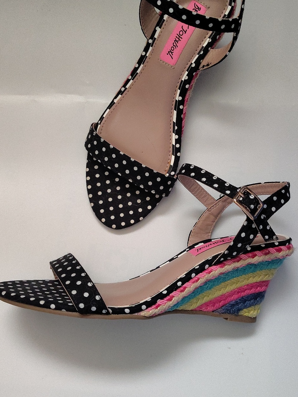 Betsey Johnson Black Polka Dot Wedge Sandals with Rainbow Espadrille Heel - Picture 2 of 3